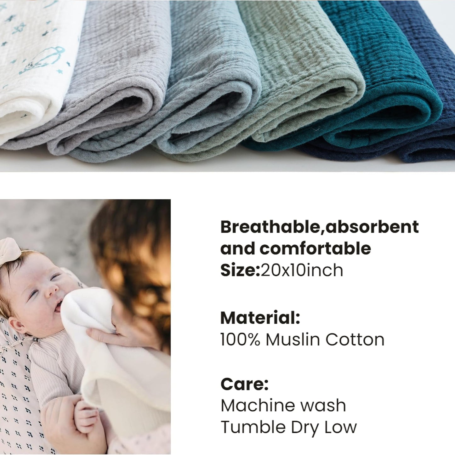 Konssy 6-Pack Muslin Baby Burp Cloths, Large 100% Cotton Burping Clothes, Soft & Absorbent for Newborns, Baby Boys and Girls