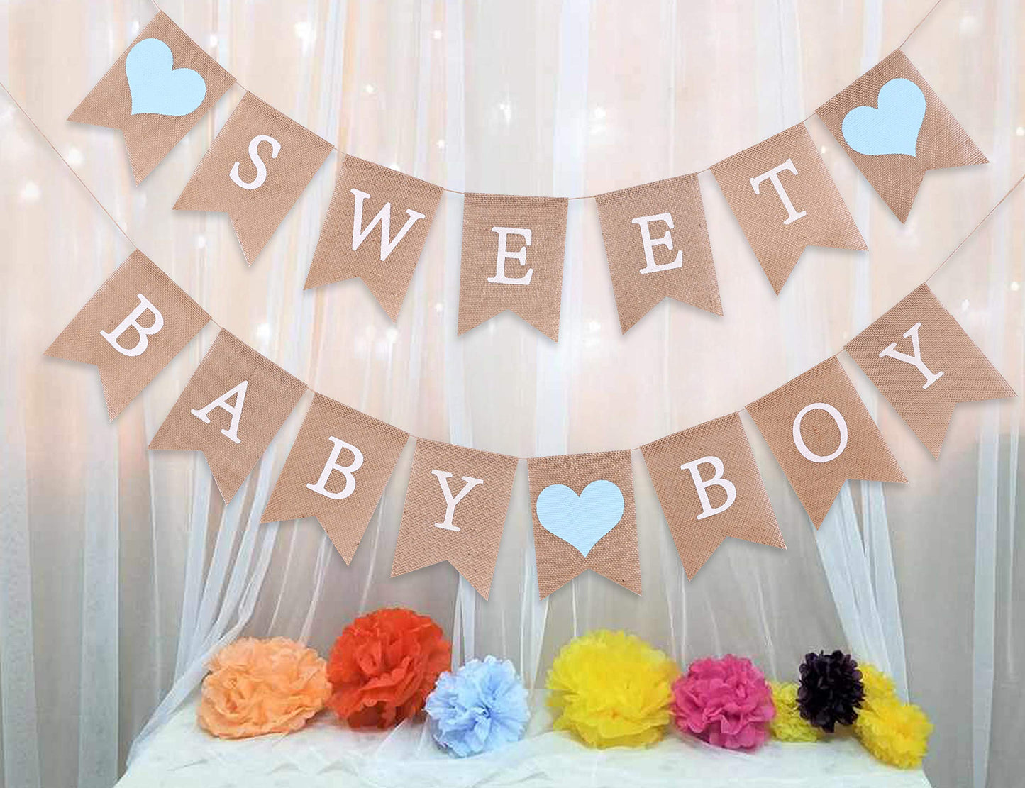 Sweet Baby Boy Burlap Banner - Rustic Baby Shower Decorations, Photo Props (Sweet Baby Boy Blue)