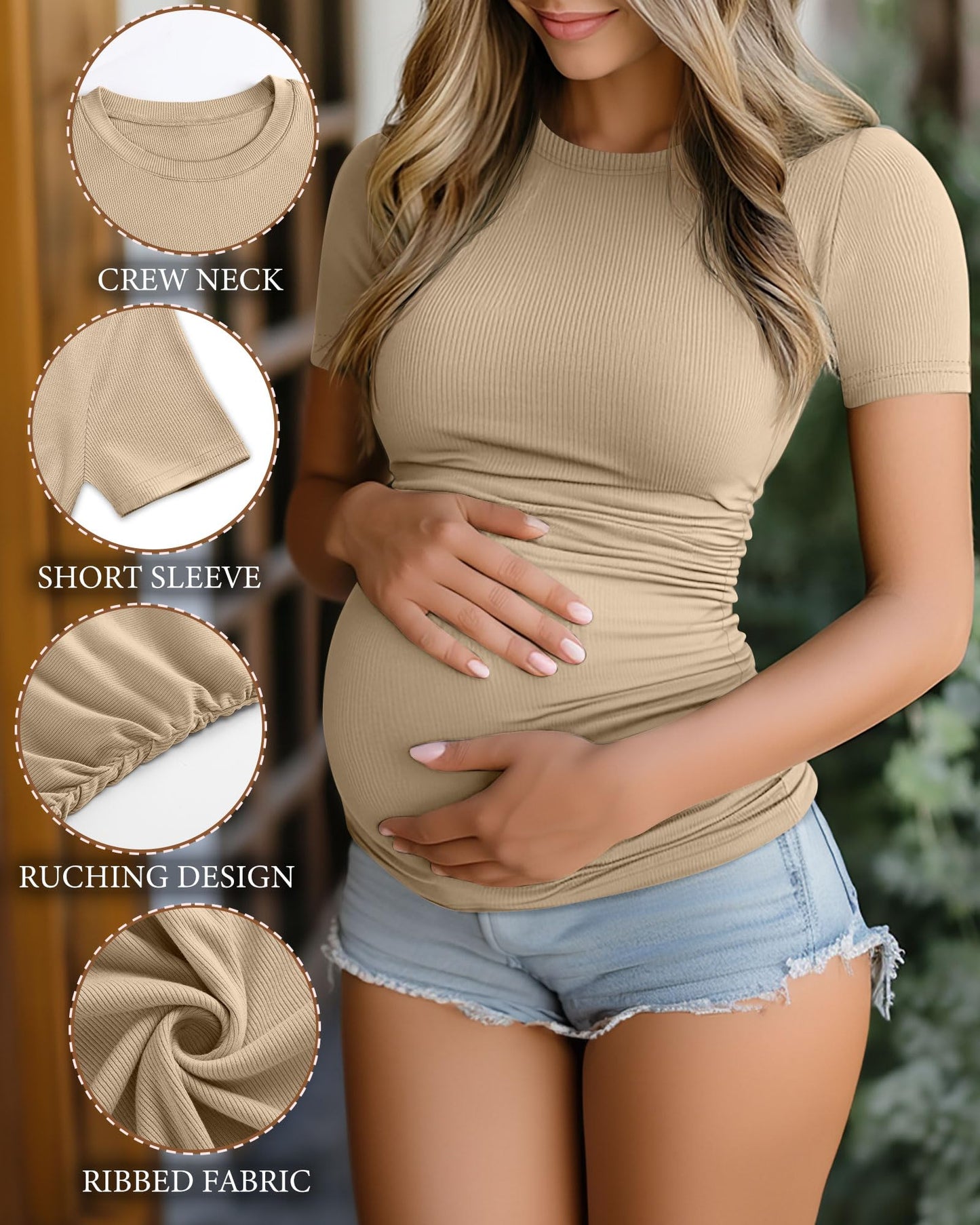 Ficerd 3 Pack Women's Maternity Shirts Cotton Short Sleeve Pregnancy Tops Side Ruched Ribbed Casual Mama tees Clothes