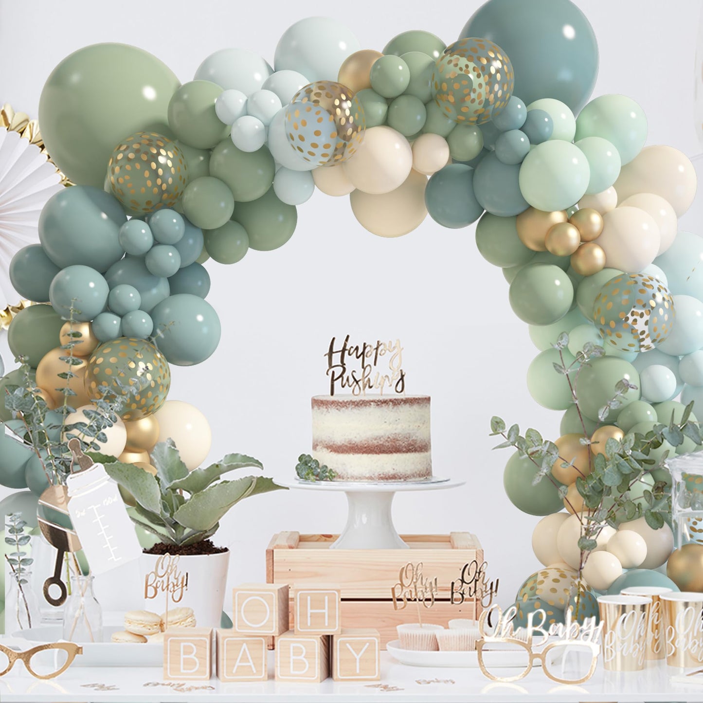 Amandir 173Pcs Pink Blue Green Balloon Arch Garland Kit, Dusty Baby Pink Mauve Pastel Mist Haze Green Blue Gold Confetti Balloons for Baby Shower Gender Reveal Wildflower Birthday Party Decorations