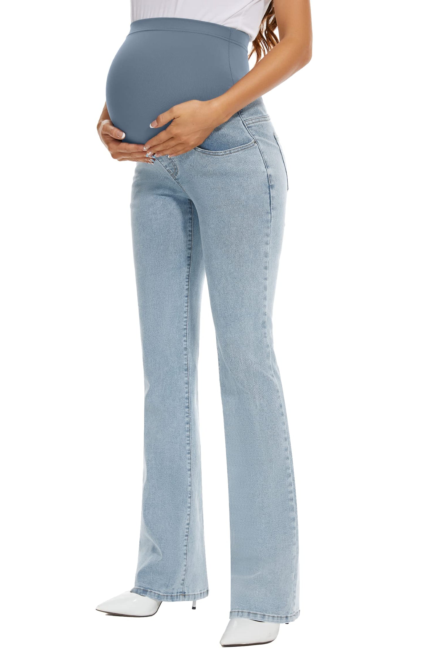 GLAMIX Women's Stretch Maternity Bootcut Jeans with Pockets Over The Belly Bell Bottoms Flare Denim Pants Pregnancy Clothes