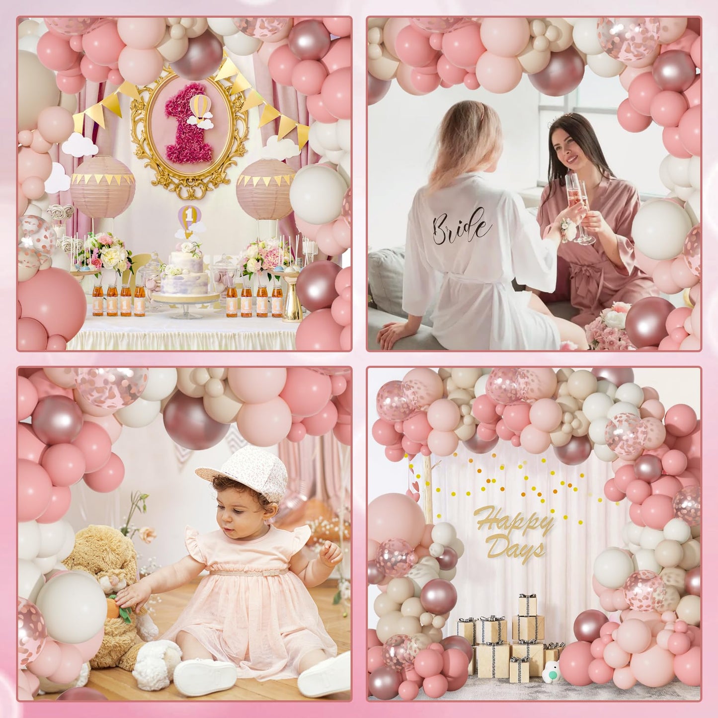 Ouddy Party Dusty Pink Balloons Arch Garland Kit, Different Sizes 18 12 10 5 Inch Boho Pink White Sand Latex Metallic Confetti Balloon for Girl Baby Shower Mothers Day Birthday Party Decorations