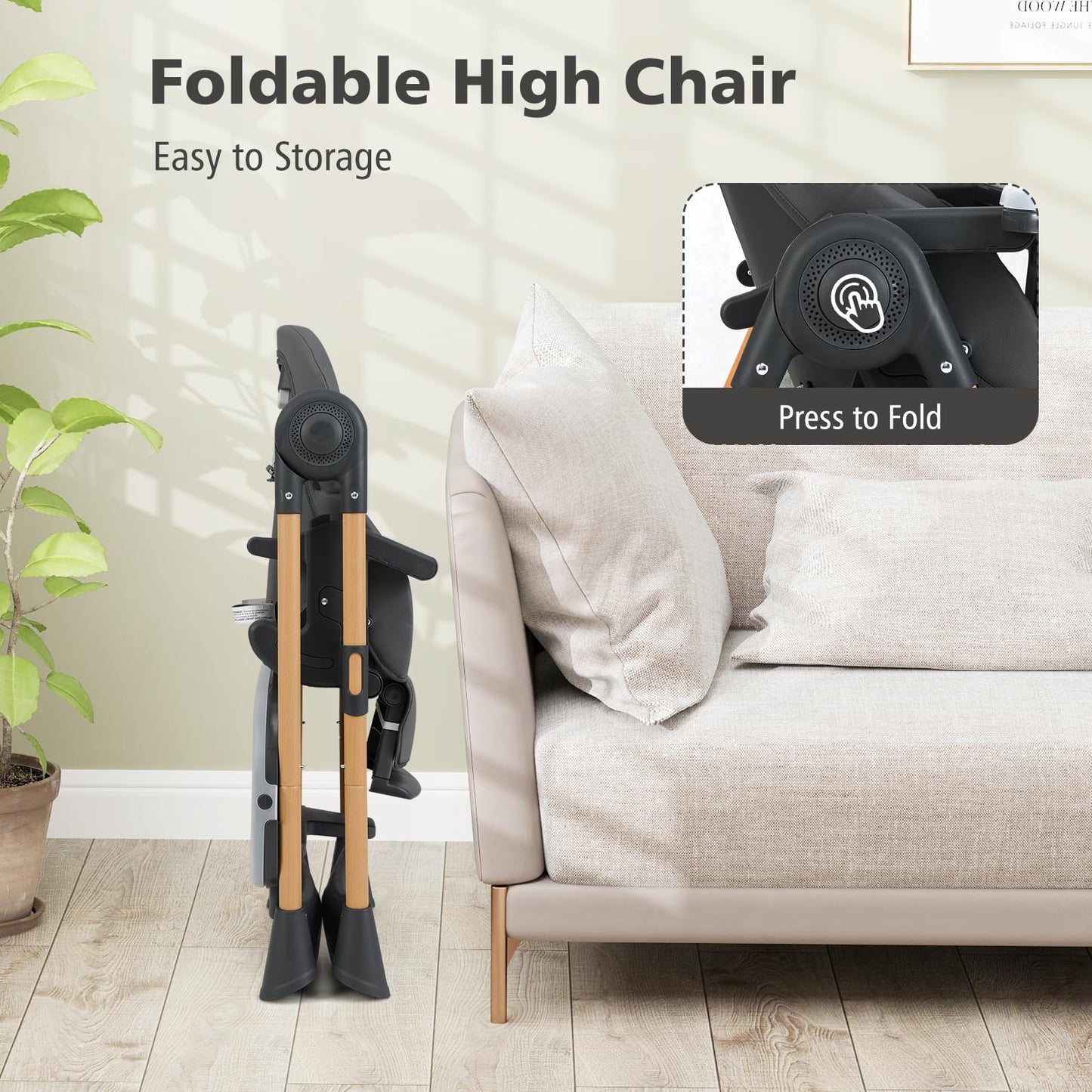 INFANS Baby High Chair, High Chairs for Babies & Toddlers with Adjustable Height Backrest Footrest Removable Tray, Easy to Clean PU Seat Convertible Quick Folding Portable Highchair (Dark Gray)