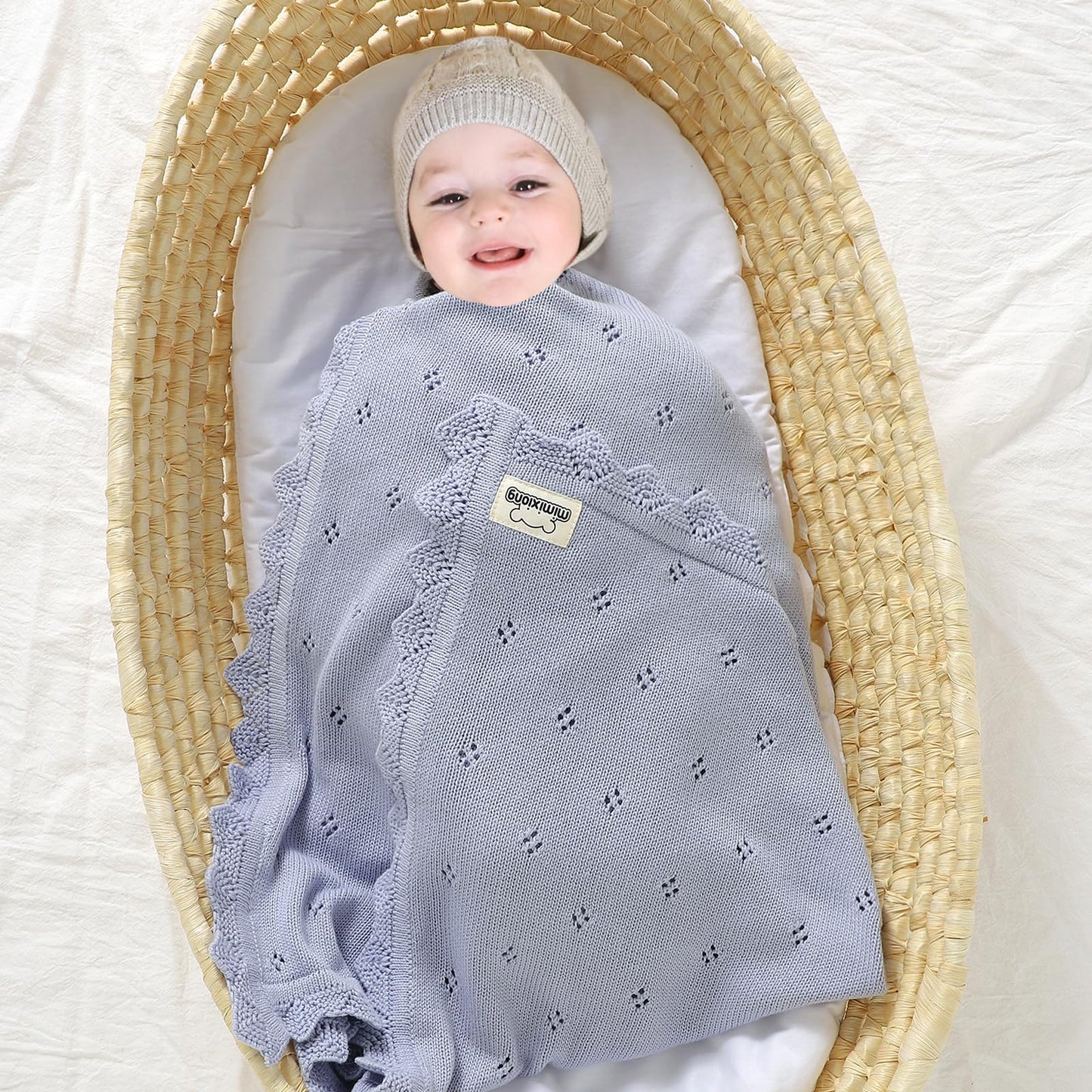 mimixiong Cotton Baby Blanket Knitted Crochet Receiving Crib Nursery Swaddling Blankets for Newborn Baby Boy Girl Off White 30x40 Inch