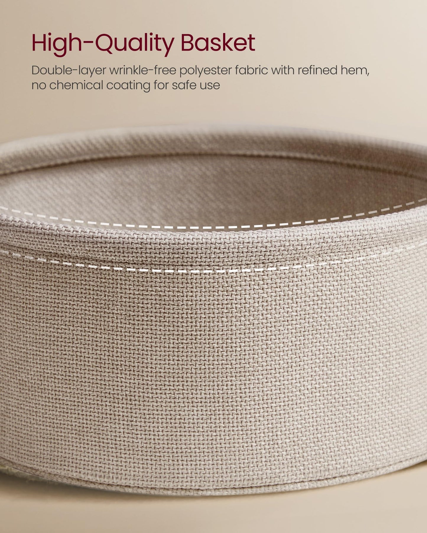 VASAGLE End Table, Small Bedside Table with Fabric Basket, Modern Nightstand, Round Side Table, for Living Room, Bedroom, Matte White and Camel Brown ULET223W10