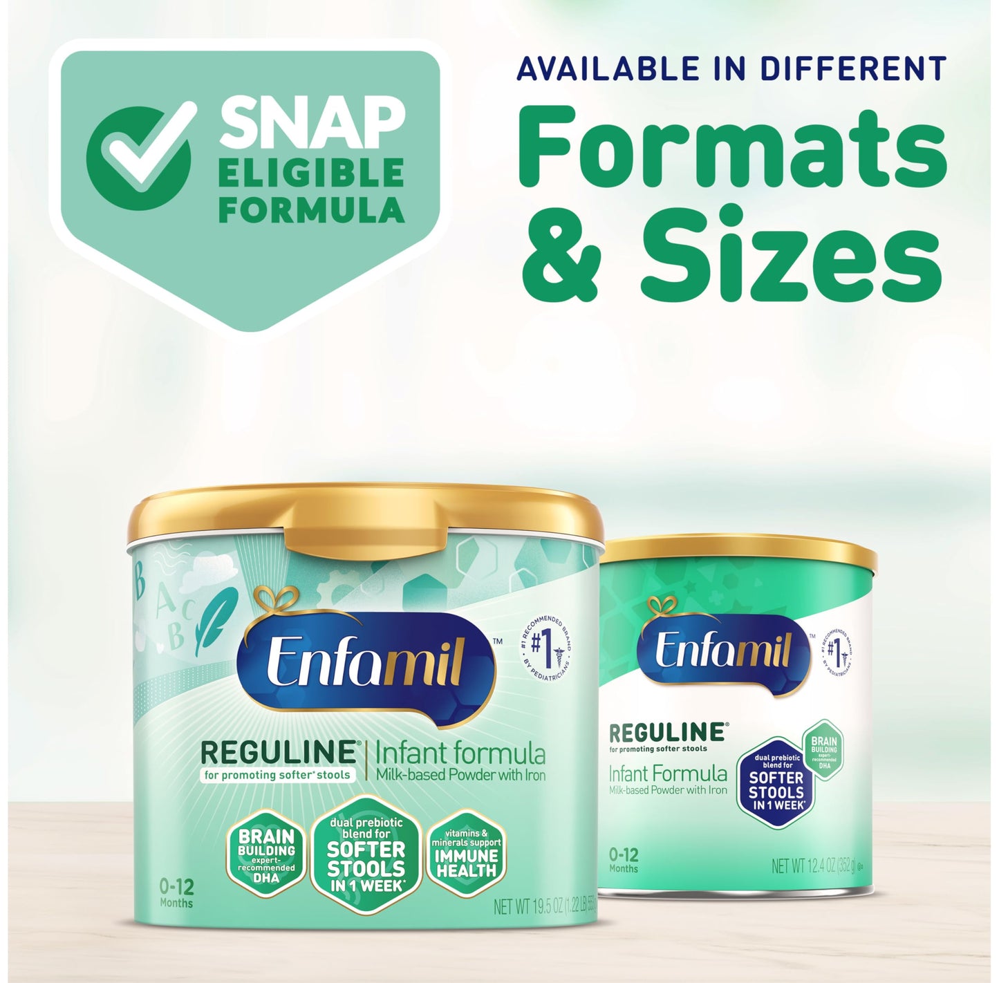 Enfamil Reguline Baby Formula, Milk-Based Infant Nutrition, Dual Prebiotics for Soft, Comfortable Stools within 1 Week of Use, Omega-3 DHA for Immune Support, Reusable Powder Tub, 19.5 Oz