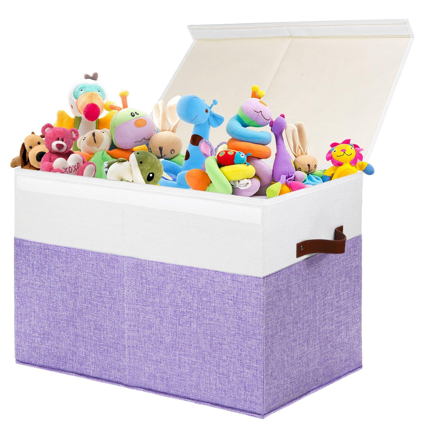 Large Toy Storage Box with Lid, Sturdy Toys Storage Chest Bin Organizer Basket with Dividers for Kids, Boys, Girls, Nursery, Closet, Bedroom, Playroom 25"x13" x16" (Beige and White)