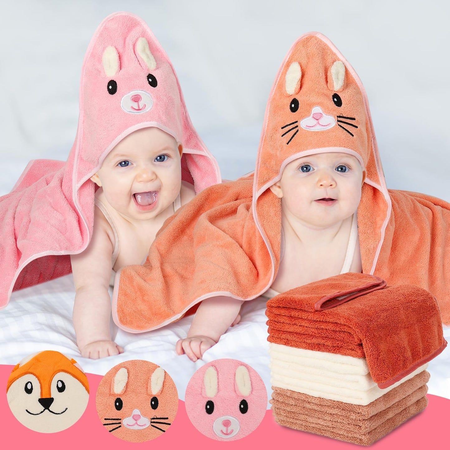 31x31 Inch Baby Hooded Towels, 12Pcs Bath Towels for Girls, Washcloth Set with Cute Design, Shower Towel Gift for Newborns, Infants and Toddlers