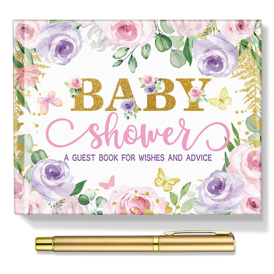 27 Pcs Butterfly Floral Baby Shower Guest Book Set Baby Shower Sign in Guest Floral Book Place Table Cards with Gold Pen Adhesive Photo Corner for Birthday Party