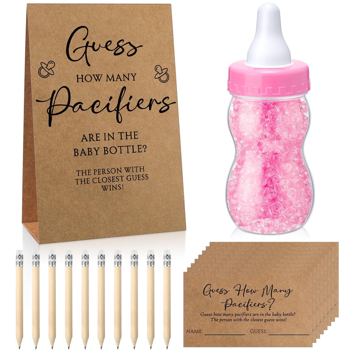 Roowest 512 Pcs Baby Shower Games Guess How Many Pacifiers Sign 100 Small Guessing Games 10 HB Pencils 750ml Milk Bottle 400 Acrylic Pacifiers Decoration for Guest Gender Reveal(Pink,Bear)