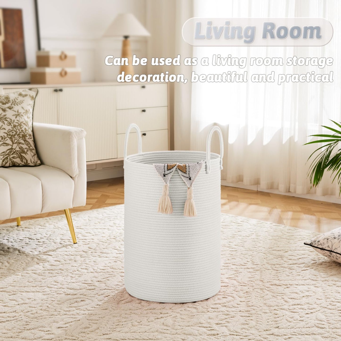 Laundry Basket,Woven Cotton Rope Laundry Hamper,60L for Decor Storage of Dirty Clothes,Toys and Blankets in Bathroom,Baby Room and Living Room