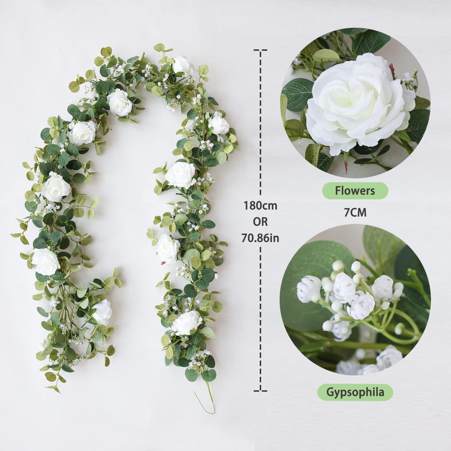 Anna's Whimsy 5.91FT Artificial Eucalyptus Garland with Flowers, Fake Flower Rose Gypsophila, Faux Floral Greenery Garland for Wedding Spring Home Party Craft Art Table Runner Decor