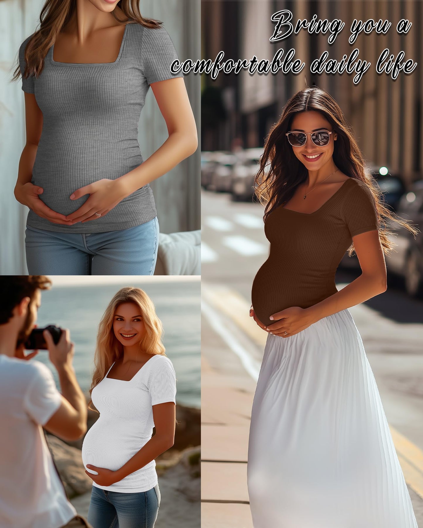 Huukeay 4 Pack Women's Maternity Shirts Cotton Ribbed Short Sleeve Square Neck Pregnancy Tops Side Ruched Summer Tee