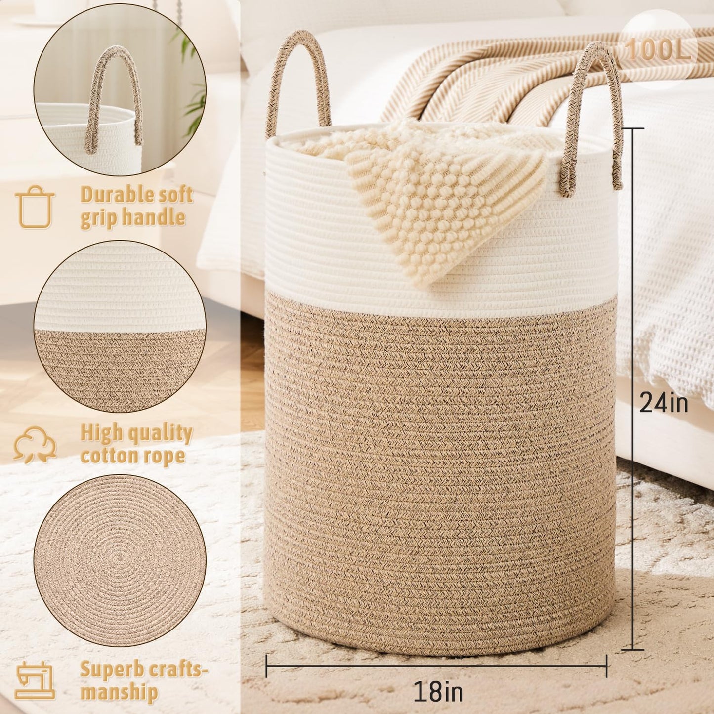 Laundry Basket,Woven Cotton Rope Laundry Hamper,60L for Decor Storage of Dirty Clothes,Toys and Blankets in Bathroom,Baby Room and Living Room