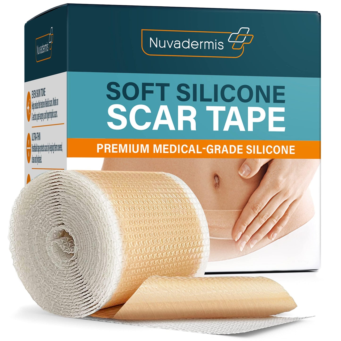 NUVADERMIS Silicone Scar Sheets - Extra Long Scar Sheets for C-Section, Tummy Tuck, Keloid, and Surgical Scars - Reusable Medical Grade Silicone Scar Sheets - Pack of 4 - Light Tone