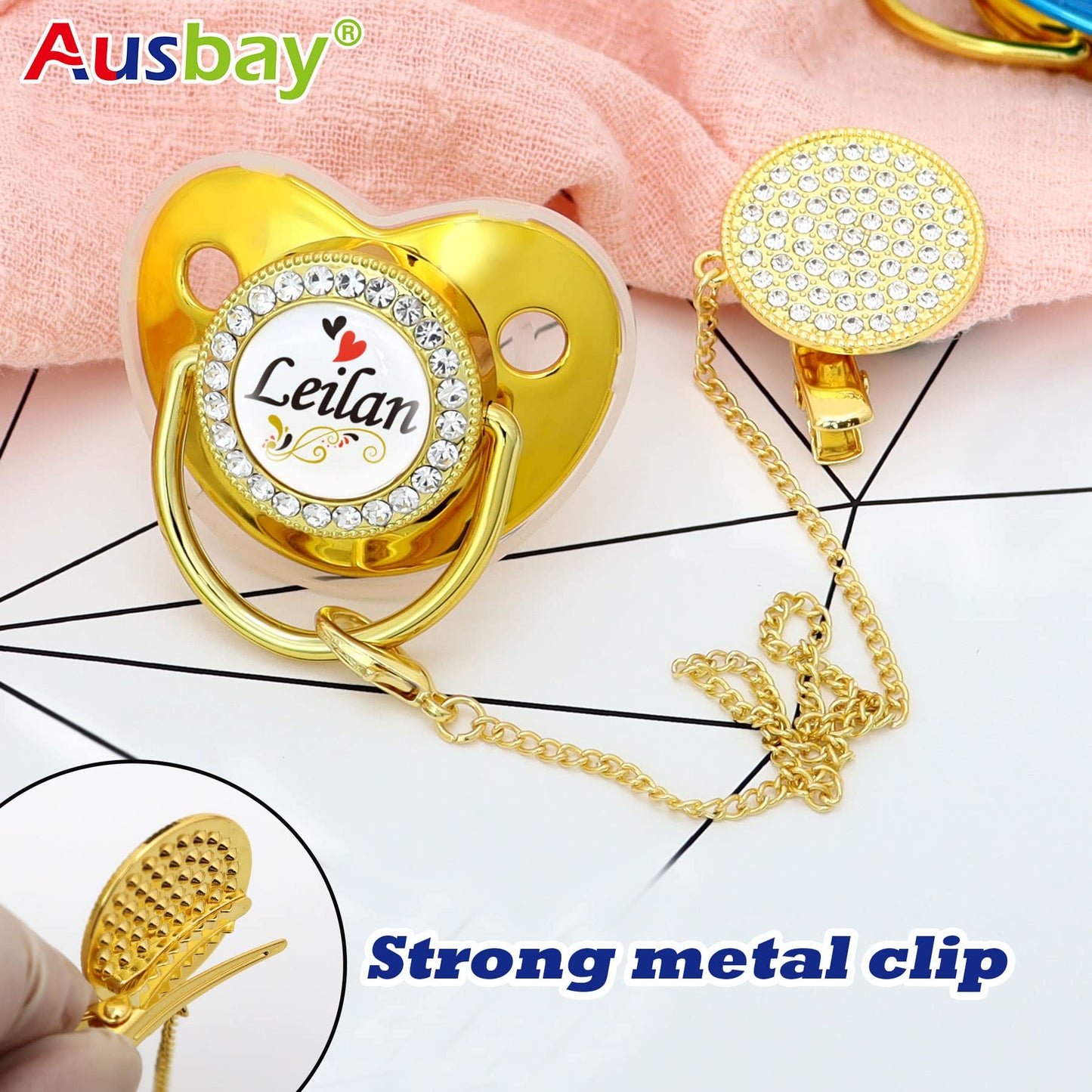 Personalized Pacifier Set with Name, BPA Free, Bling Gold Silver Pink Rose Gold Luxurious Ideal Gift for Newborns (Gold)