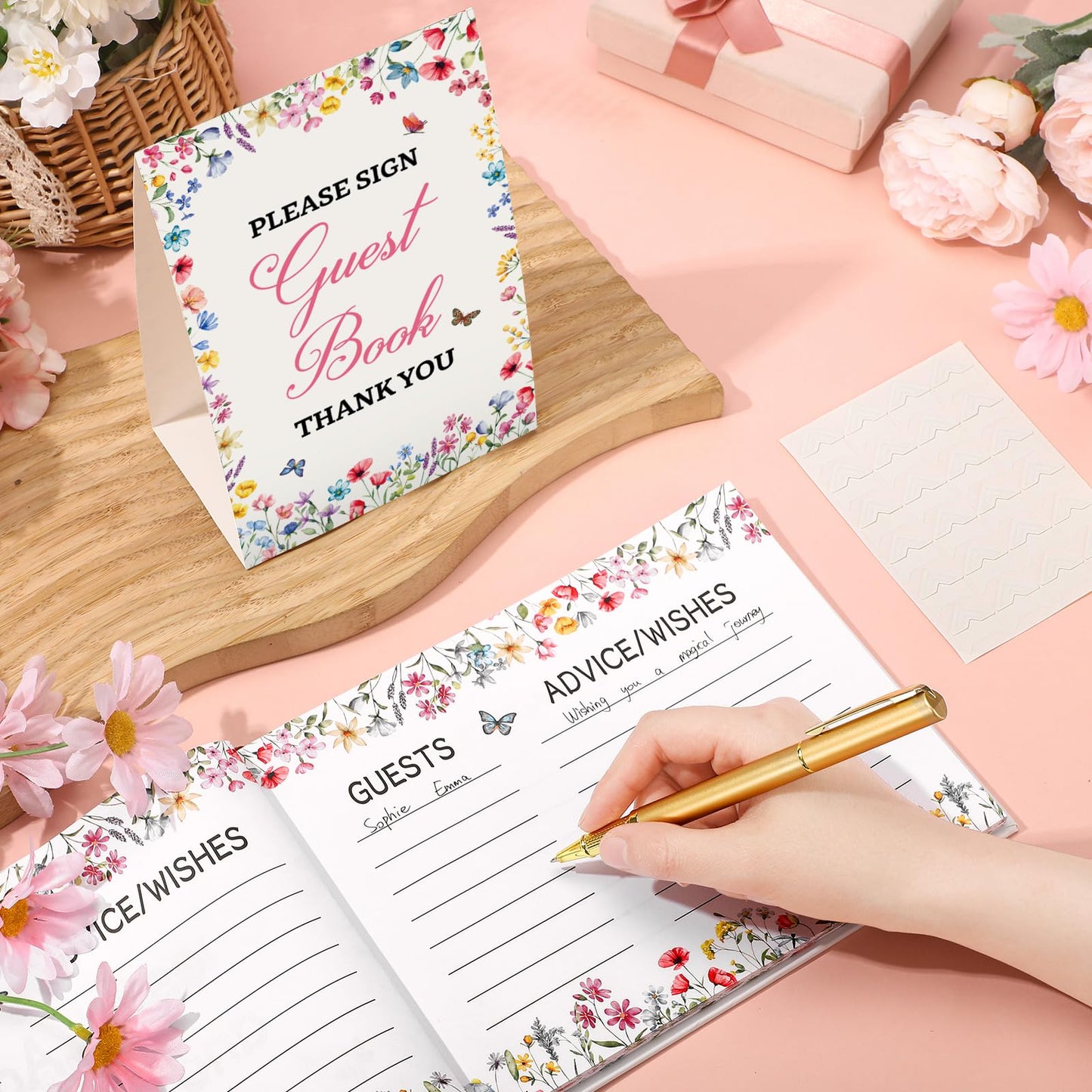 27 Pcs Butterfly Floral Baby Shower Guest Book Set Baby Shower Sign in Guest Floral Book Place Table Cards with Gold Pen Adhesive Photo Corner for Birthday Party