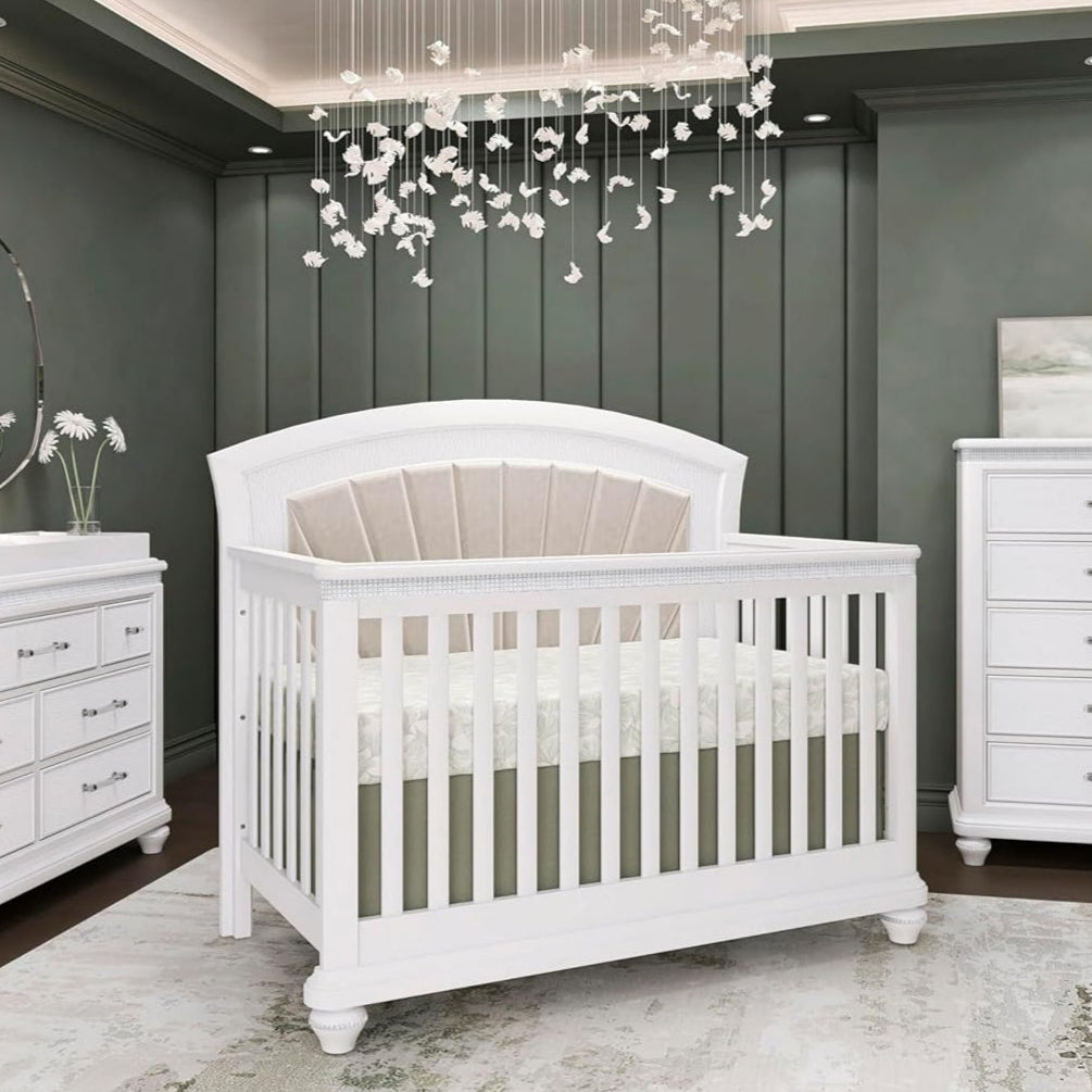 Evolur Nova 5-in-1 Convertible Crib in a Shimmering Stardust Finish, Crafted from Solid Wood, Features a Velvety upholstered headboard and Crystal-Like Accents on The Footboard