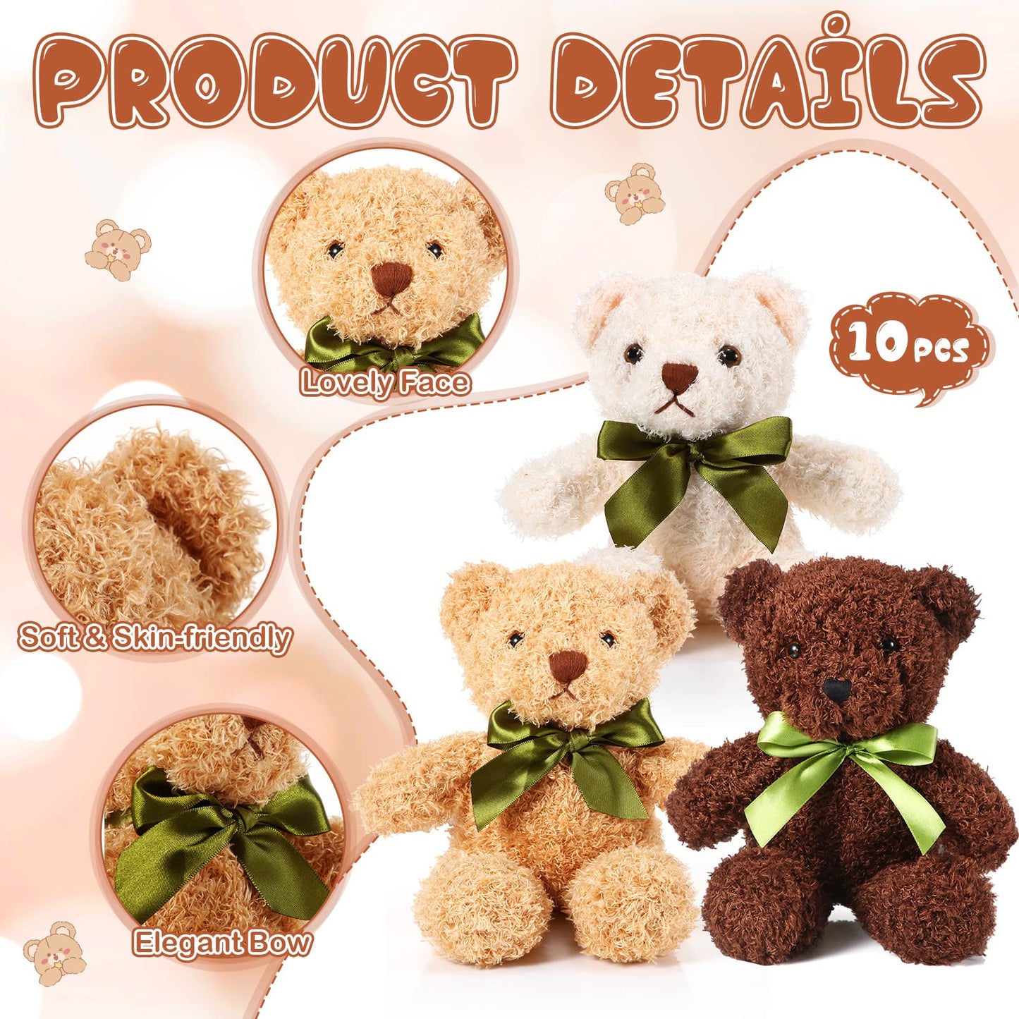 HyDren 6 Pcs Bear Stuffed Animal Plush Toys Soft Plush Dolls Bear Sleeping and Playing Toys for Baby Shower Decoration Boy(Fuzzy Style,Brown)