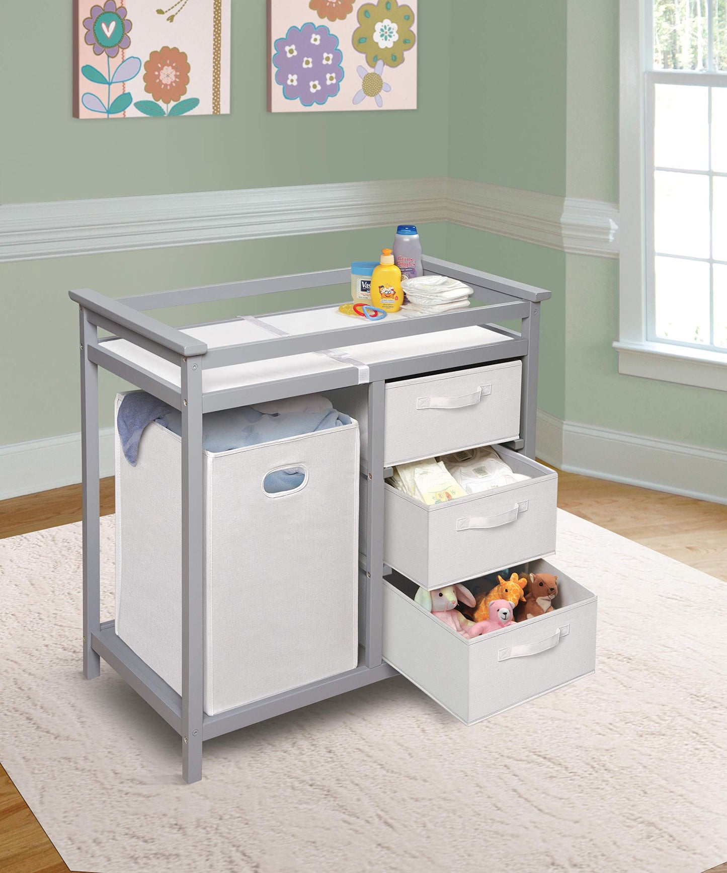Badger Basket Modern Baby Changing Table - Portable Diaper Station with 3 Drawers Pad & Hamper - Storage Organizer for Baby Clothes, Diapers & Toys - Fresh White/White (34.25 x 20.75 x 34.5)