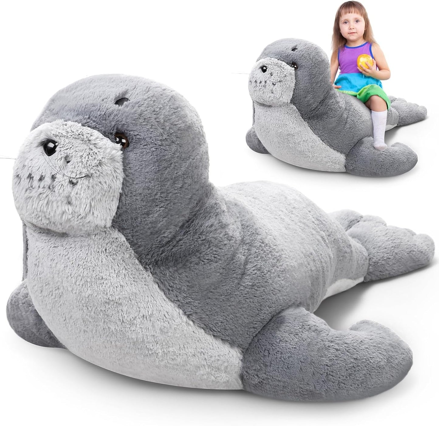 Poen 39 Inch Giant Seal Plush Stuffed Animal Large Fat Soft Cuddly Grey Cute Hug Seal Plush Toy Adorable Big Pillow Gift for Kids Sleeping Companion Birthday Ocean Animals Decor