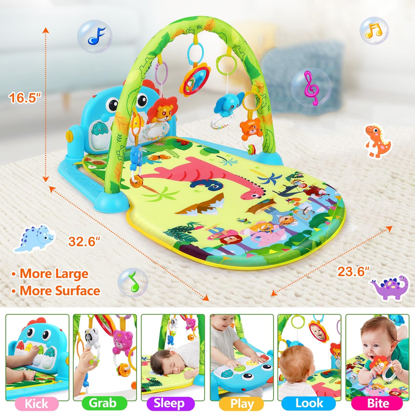 UMIKU Baby Play Mat Baby Tummy Time Mat Activity Center for Newborn Infant Piano Play Gym Mat Music & Light Babies Gifts Boy Girl for Babies 0-6 6-12 Months, Pink Dinosaur