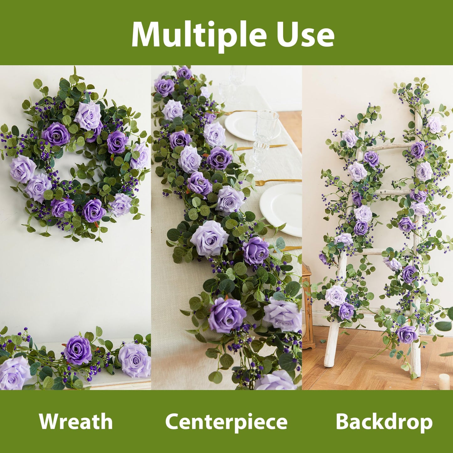 Anna's Whimsy 5.91FT Artificial Eucalyptus Garland with Flowers, Fake Flower Rose Gypsophila, Faux Floral Greenery Garland for Wedding Spring Home Party Craft Art Table Runner Decor
