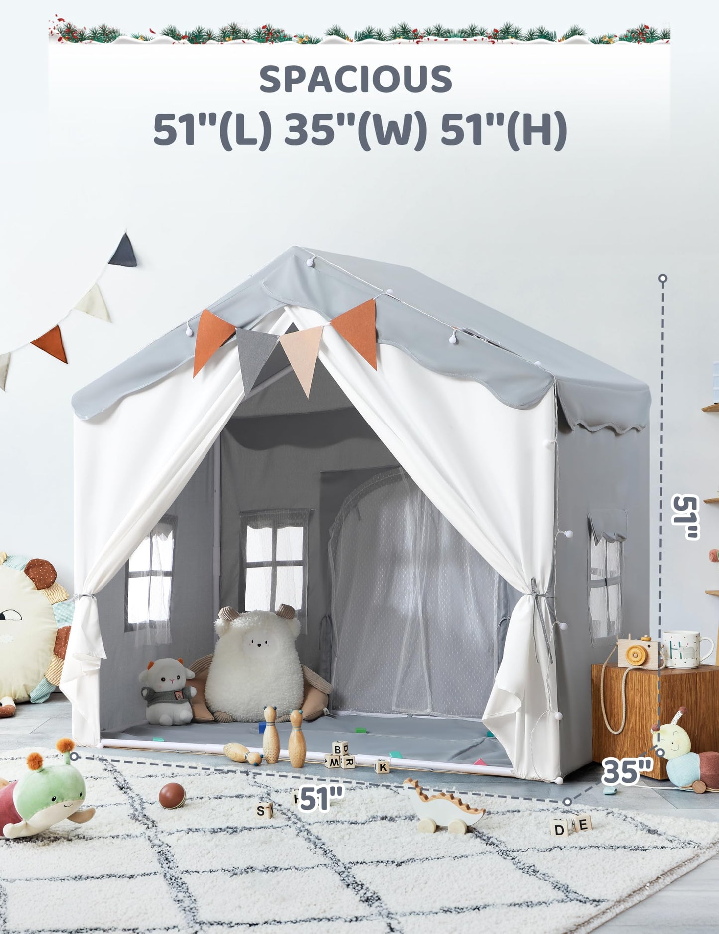 BESREY Kids Play Tent - 2 in 1 with Padded Mat & Lights, Large Playhouse with 2 Doors & 4 Windows, Indoor & Outdoor, Christmas Toddler Play Tent, 51" x 35" x 51