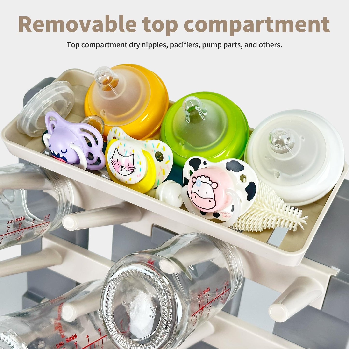 Baby Bottle Drying Rack, Vertical Standing Bottle Dryer Rack Holder-Space Saving Baby Bottle Drying Rack for Countertop-Holds Up to 12 Baby Bottles & Cup(Gray & Khaki)