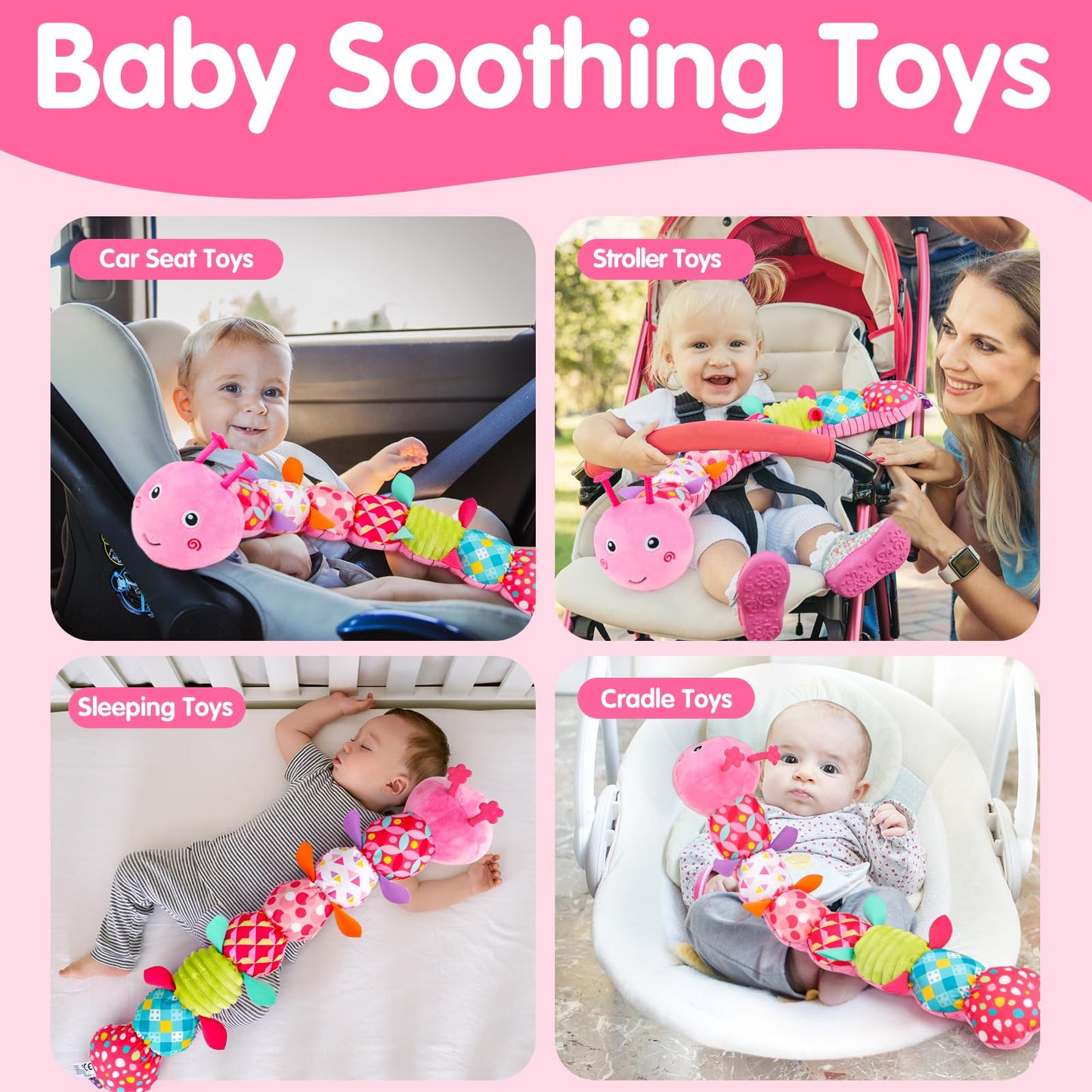 Baby Sensory Toy 0-6 Month Music Animal Stuffed Plush Caterpillar Toy for Infant 0-3-6 Month Tummy Time with Baby Mirror Crinkle Rattle for 6-12 Month Carseat Toy for Newborn Boys Girls Shower Gifts