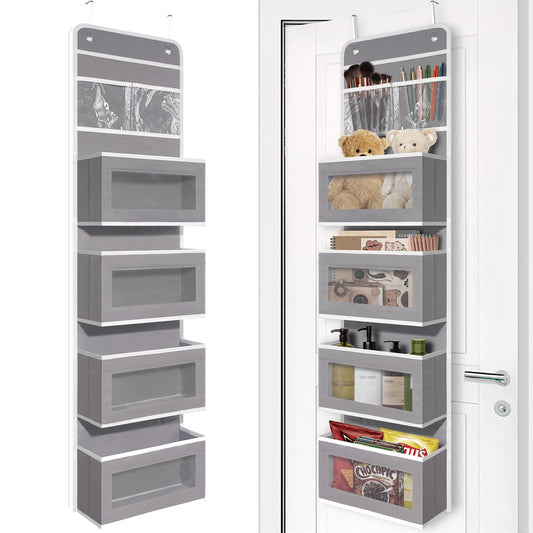 Over Door Organizer with 4 Large Capacity Pockets, Hanging Organizer Storage for Closet Bathroom Nursery Bedroom Dorm, Toys Cosmetics Sundries and Baby Essentials, Gray