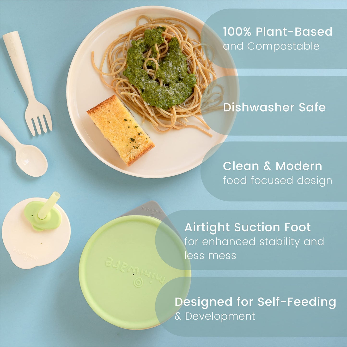 Miniware Little Foodie Set with Cereal Bowl, Sandwich Plate, My First Cutlery Set, 1-2-3 Sip Cup, and Detachable Suction Foot for Baby Toddler Kids (Little Camper)