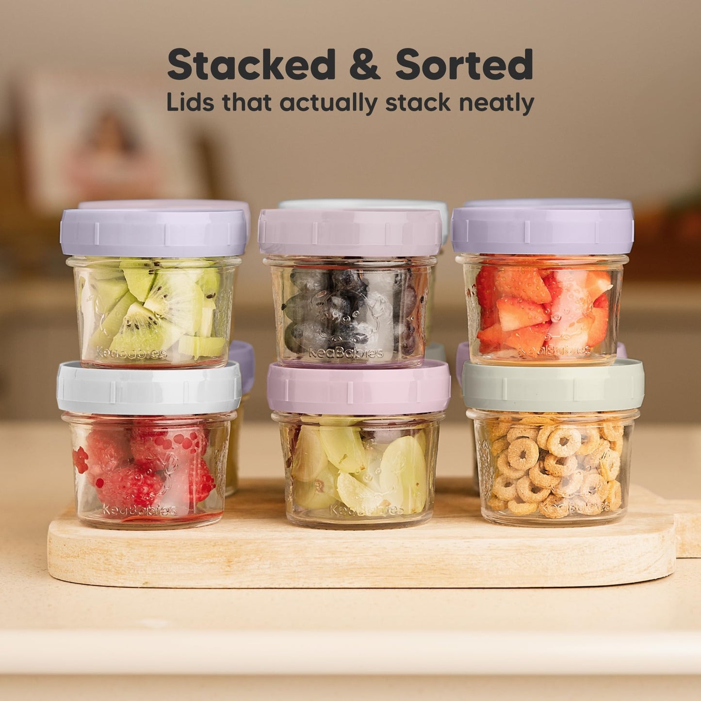 KeaBabies 4pk 8oz & 4pk 4oz Glass Baby Food Containers with Lids - Leak-Proof,Microwavable Small Glass Jars,Baby Purees & Toddler Snack Storage Containers,BPA-Free,Dishwasher & Freezer Safe(Musk Dusk)