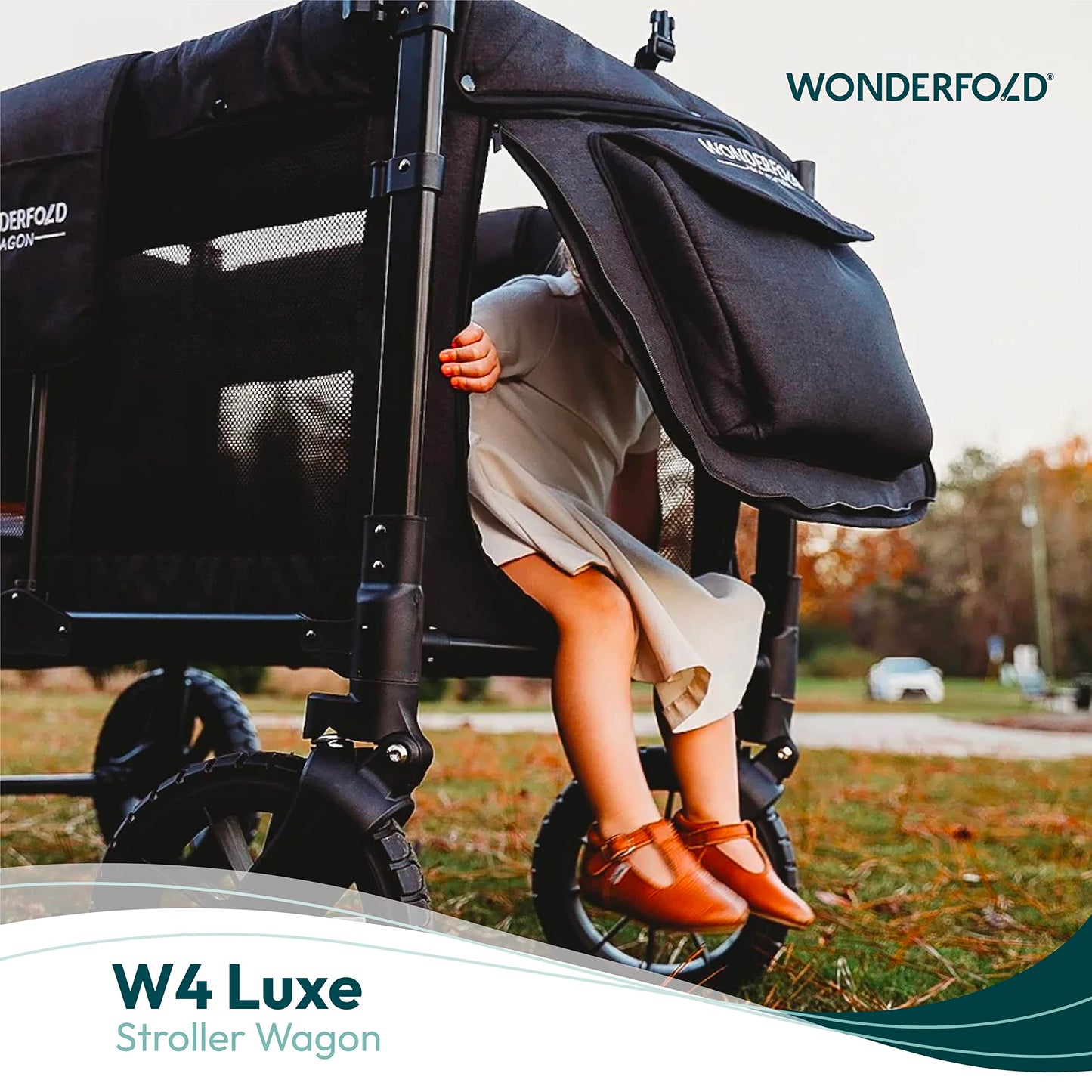 WONDERFOLD W4 Luxe Quad Stroller Wagon Featuring 4 High Face-to-Face Seats with Magnetic Buckle 5-Point Harnesses and Adjustable/Removable UV-Protection Canopy, Hunter Green