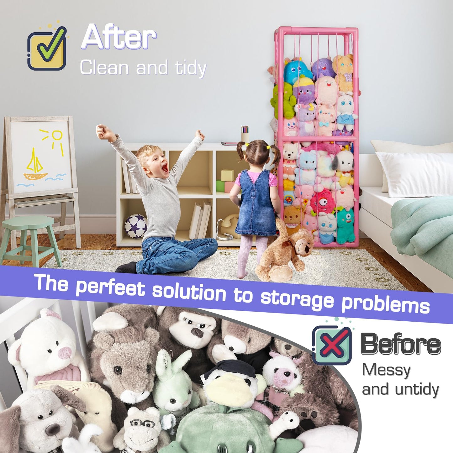 Trycooling Stuffed Animal Storage Zoo Stuffed Animal Holder Space Save Vertical Stuffed Animals Storage PVC with Elastic Band and Net for Playroom Bedroom Nursery (White 1)