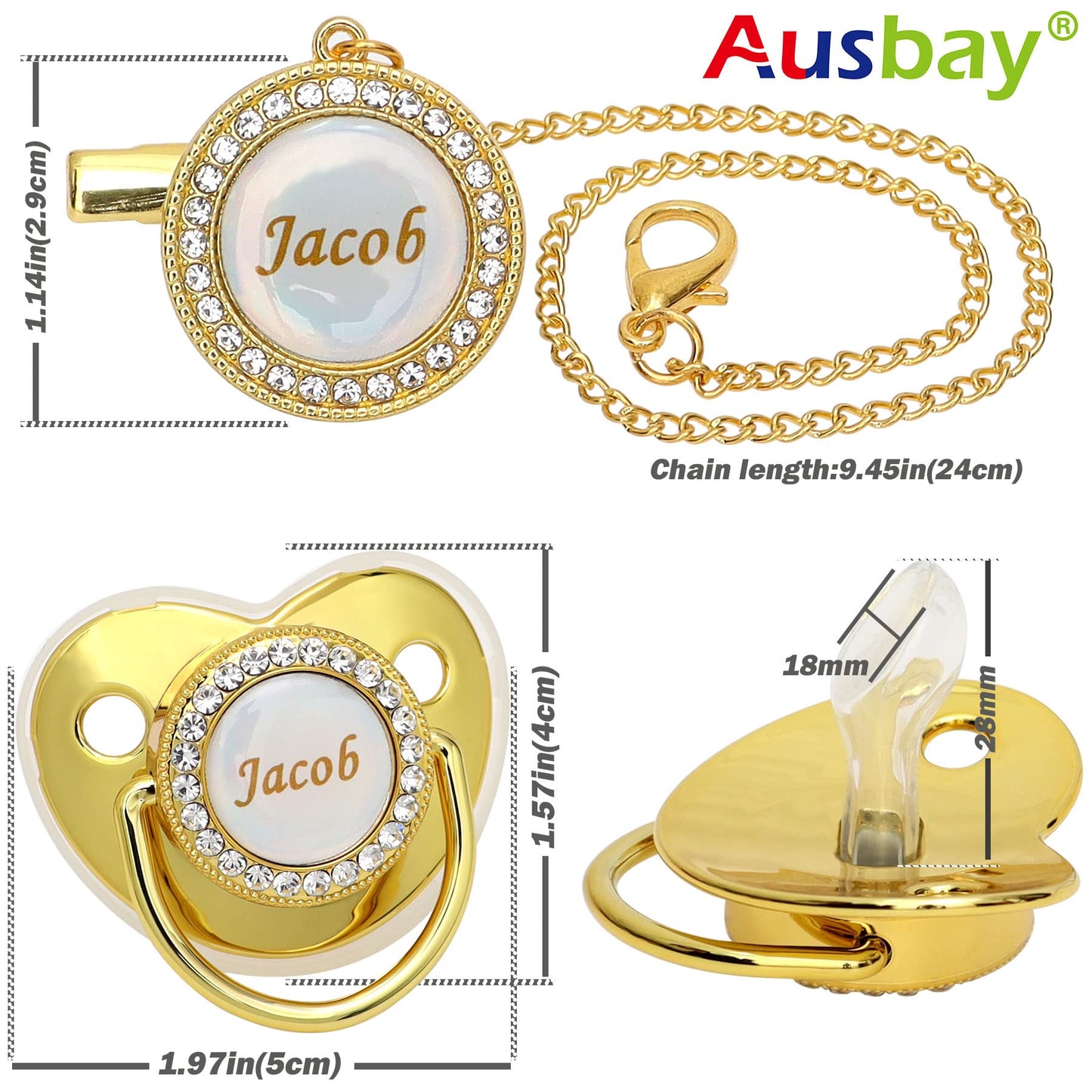 Personalized Pacifier Set with Name, BPA Free, Bling Gold Silver Pink Rose Gold Luxurious Ideal Gift for Newborns (Gold)
