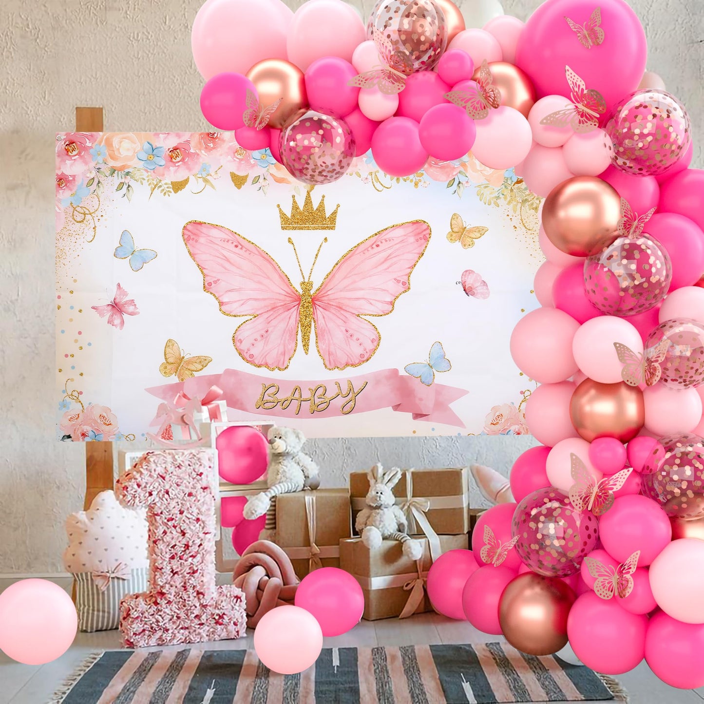 Pink Butterfly Baby Shower Decorations for Girl,Pink Balloon Garland Arch Kit,Pink Butterfly Baby Boxes and Butterfly Backdrop Kit for Baby Shower Butterfly Decorations Birthday Party Decor