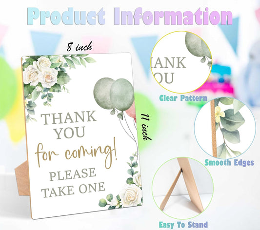 Sage Green Baby Shower Table Sign, Thank You For Coming Sign, Pack of 1 Wooden Tabletop Sign with Stand, Greenery Balloons Baby Shower Supplies, Gender Reveal Party Decorations - RG06