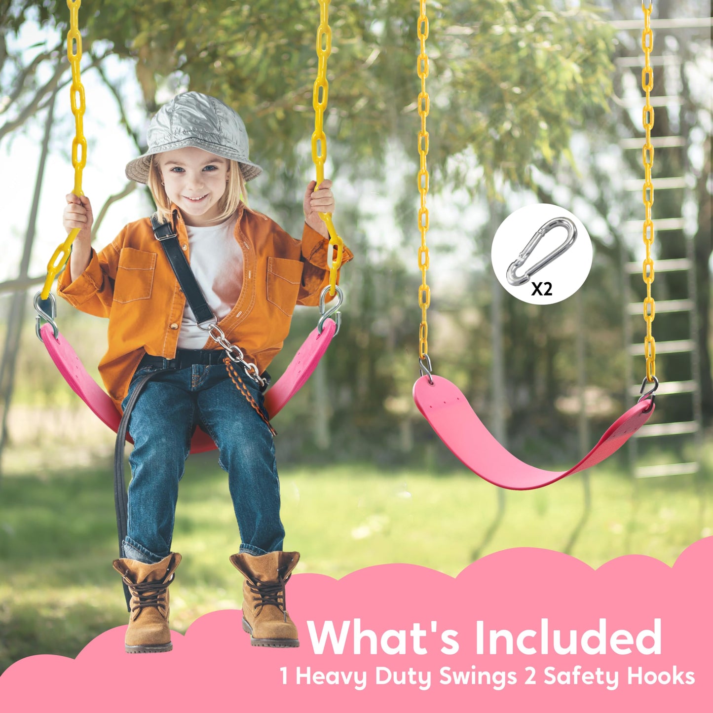 TURFEE Heavy Duty Swing Seat Pink Color with 66” Chain, Swing Set Accessories Replacement with Snap Hooks for Kids Outdoor Play Playground