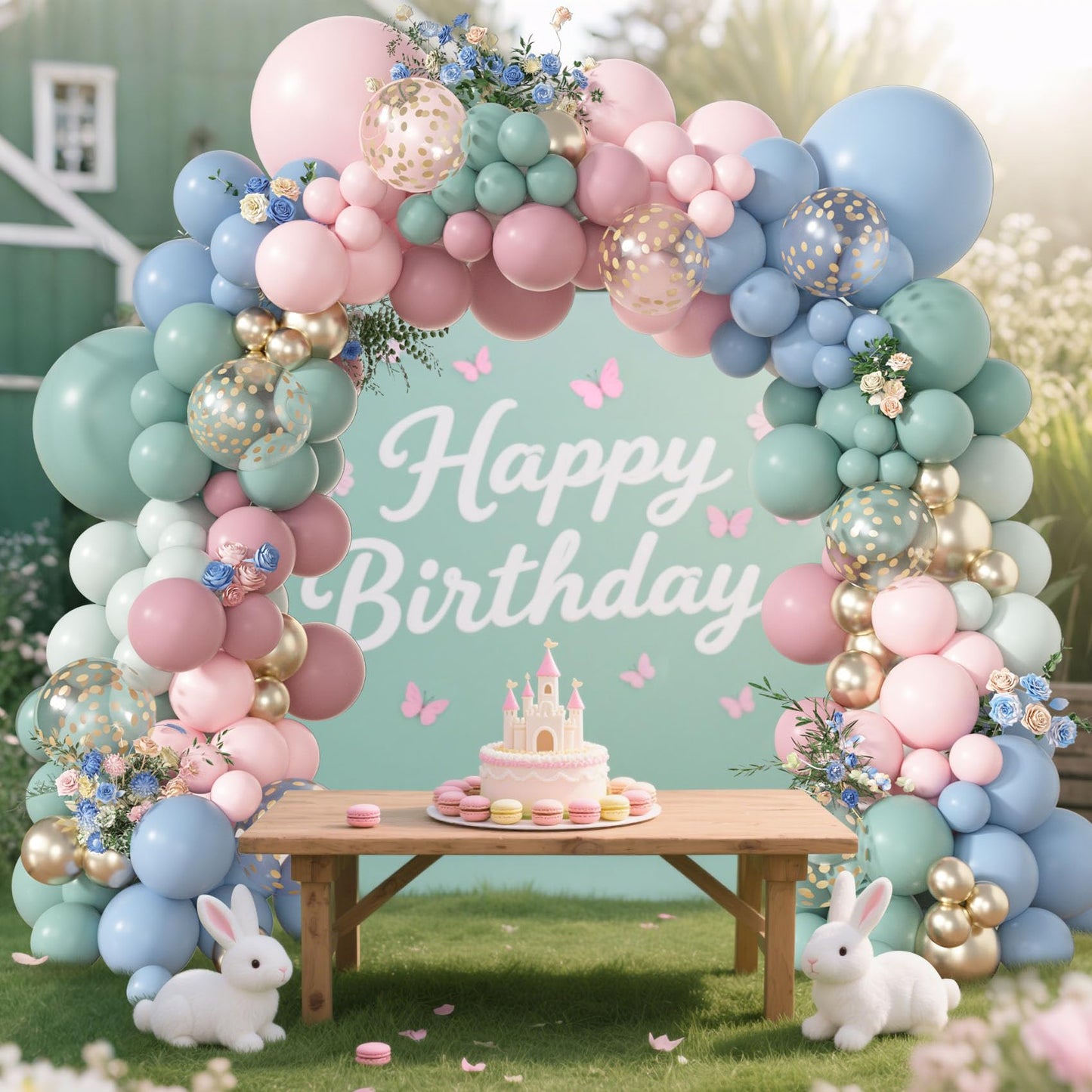 Amandir 173Pcs Pink Blue Green Balloon Arch Garland Kit, Dusty Baby Pink Mauve Pastel Mist Haze Green Blue Gold Confetti Balloons for Baby Shower Gender Reveal Wildflower Birthday Party Decorations