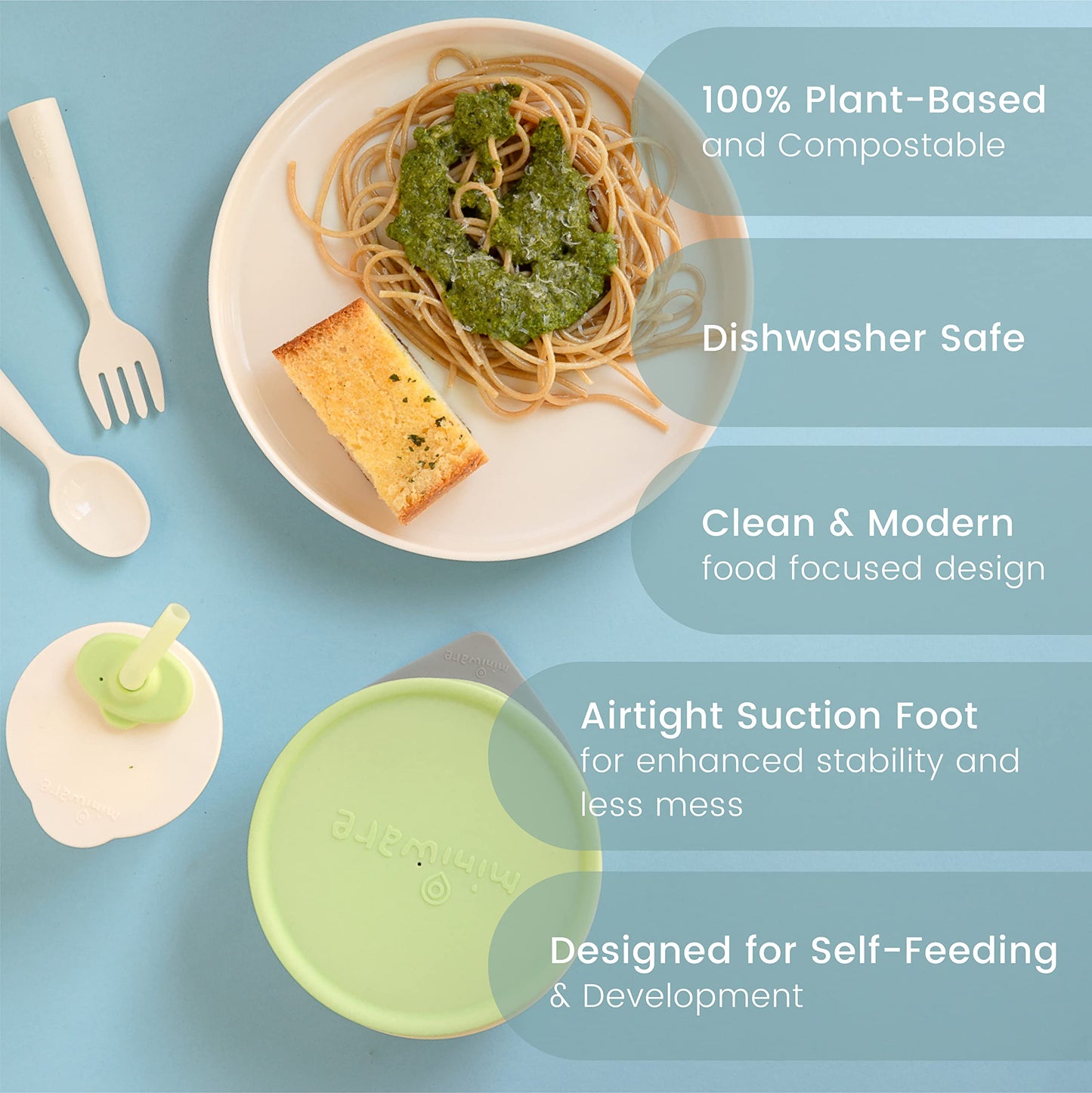 Miniware Little Foodie Set with Cereal Bowl, Sandwich Plate, My First Cutlery Set, 1-2-3 Sip Cup, and Detachable Suction Foot for Baby Toddler Kids (Little Camper)