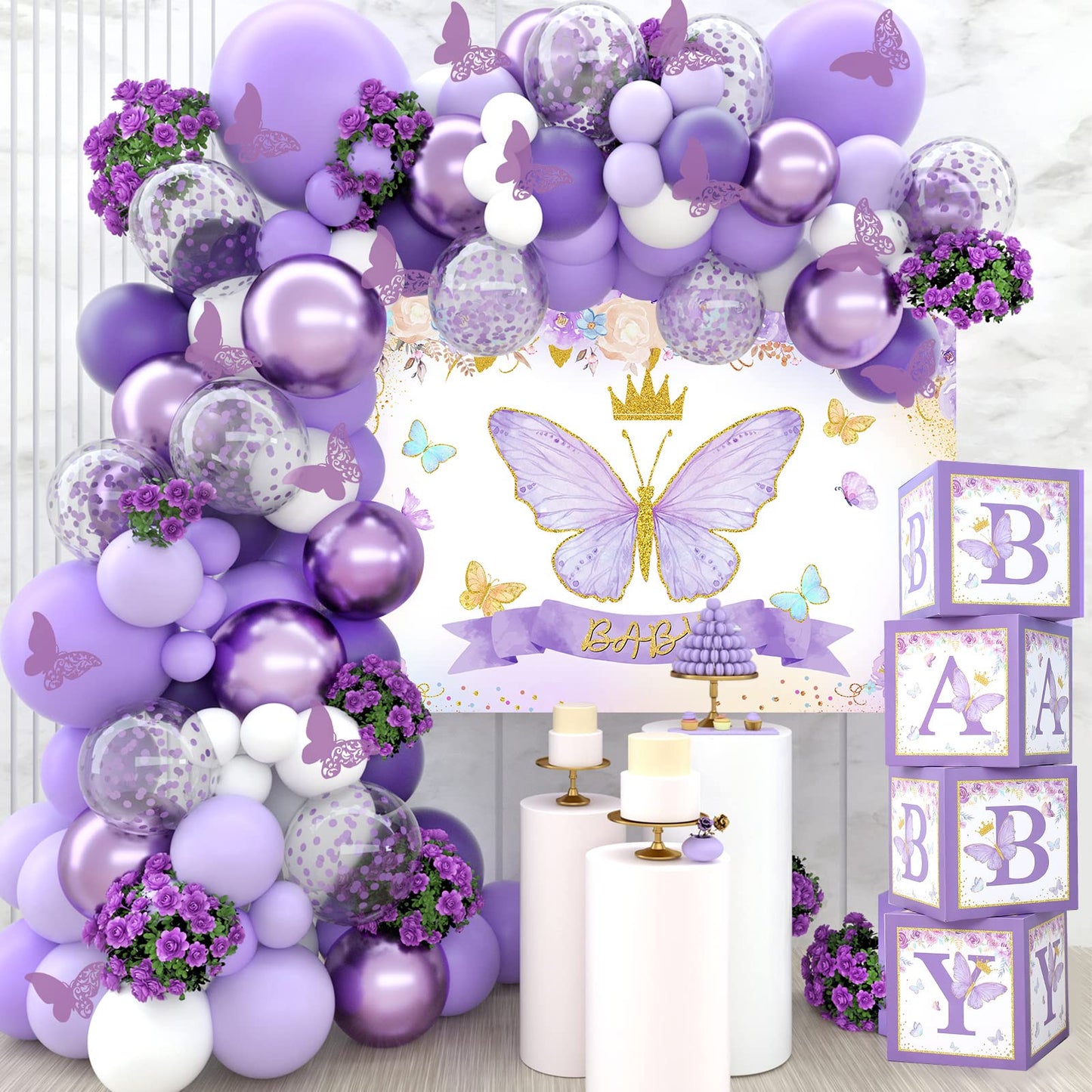 Pink Butterfly Baby Shower Decorations for Girl,Pink Balloon Garland Arch Kit,Pink Butterfly Baby Boxes and Butterfly Backdrop Kit for Baby Shower Butterfly Decorations Birthday Party Decor