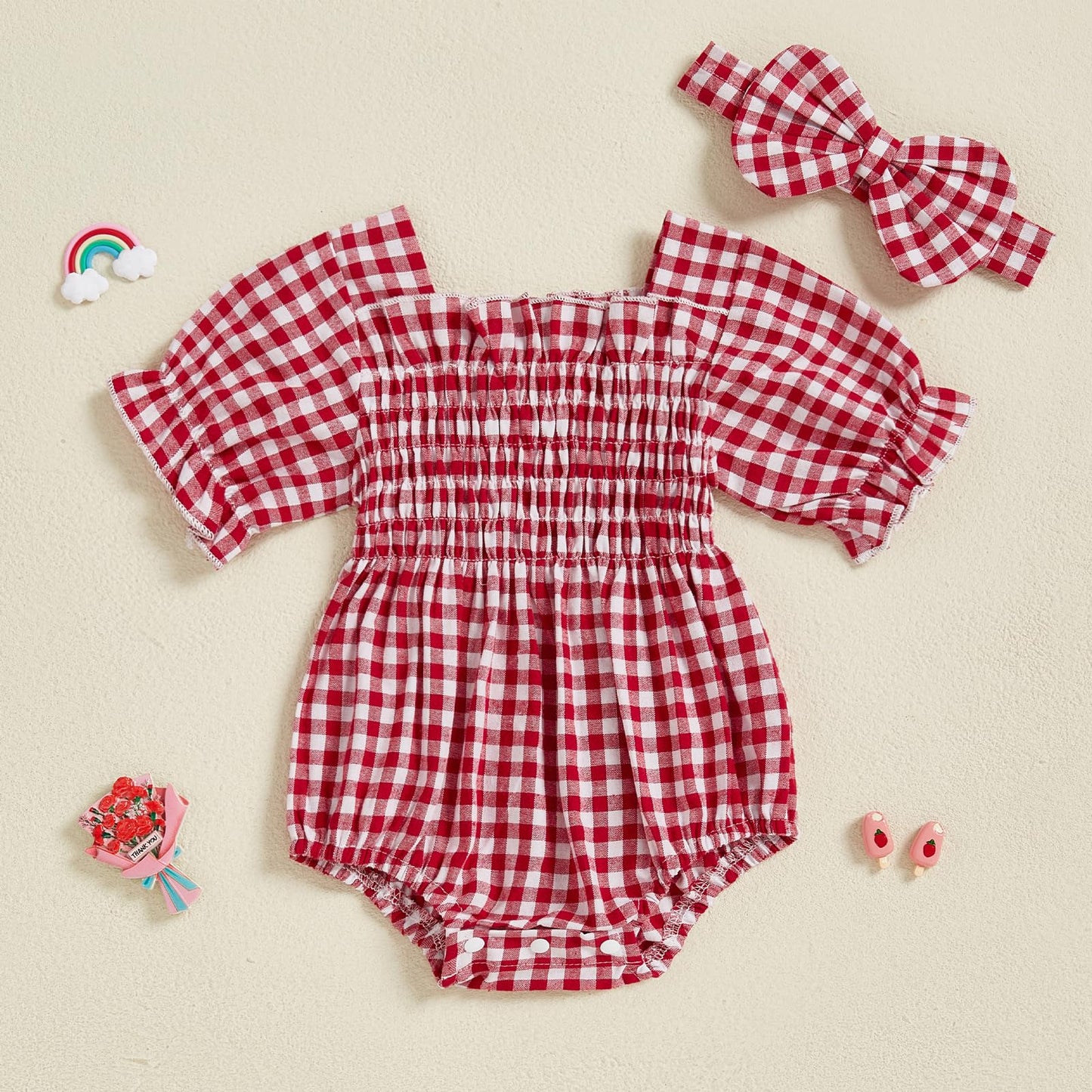 Infant Baby Girls Romper Ruffle Sleeve Pleated Smocked Bubble Plaid One Piece Ruched Jumpsuit Summer Bodysuit