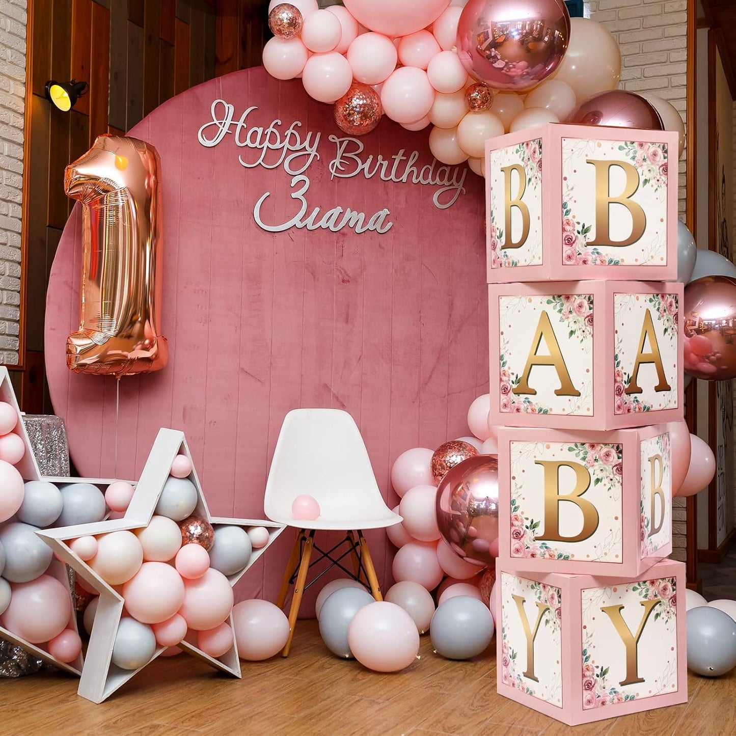 Sabary Baby Boxes with Letters Rustic Floral Pink Baby Shower Backdrop Blocks Box Birthday Party Gender Reveal Photo Props for Girl Boy Shower Decorations(Sweet Baby)