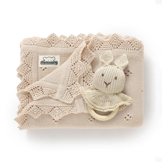 mimixiong Cotton Baby Blanket Knitted Crochet Receiving Crib Nursery Swaddling Blankets for Newborn Baby Boy Girl Off White 30x40 Inch