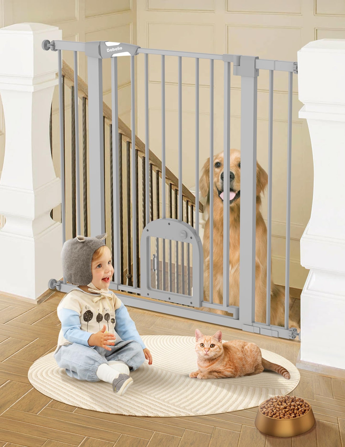 Babelio Upgraded Baby Gate with Cat Door, 29-43" Auto Close Durable Dog Gate for Stairs, Doorways and House, Easy Walk Thru Safety Gate with Pet Door Includes 4 Wall Cups, Black