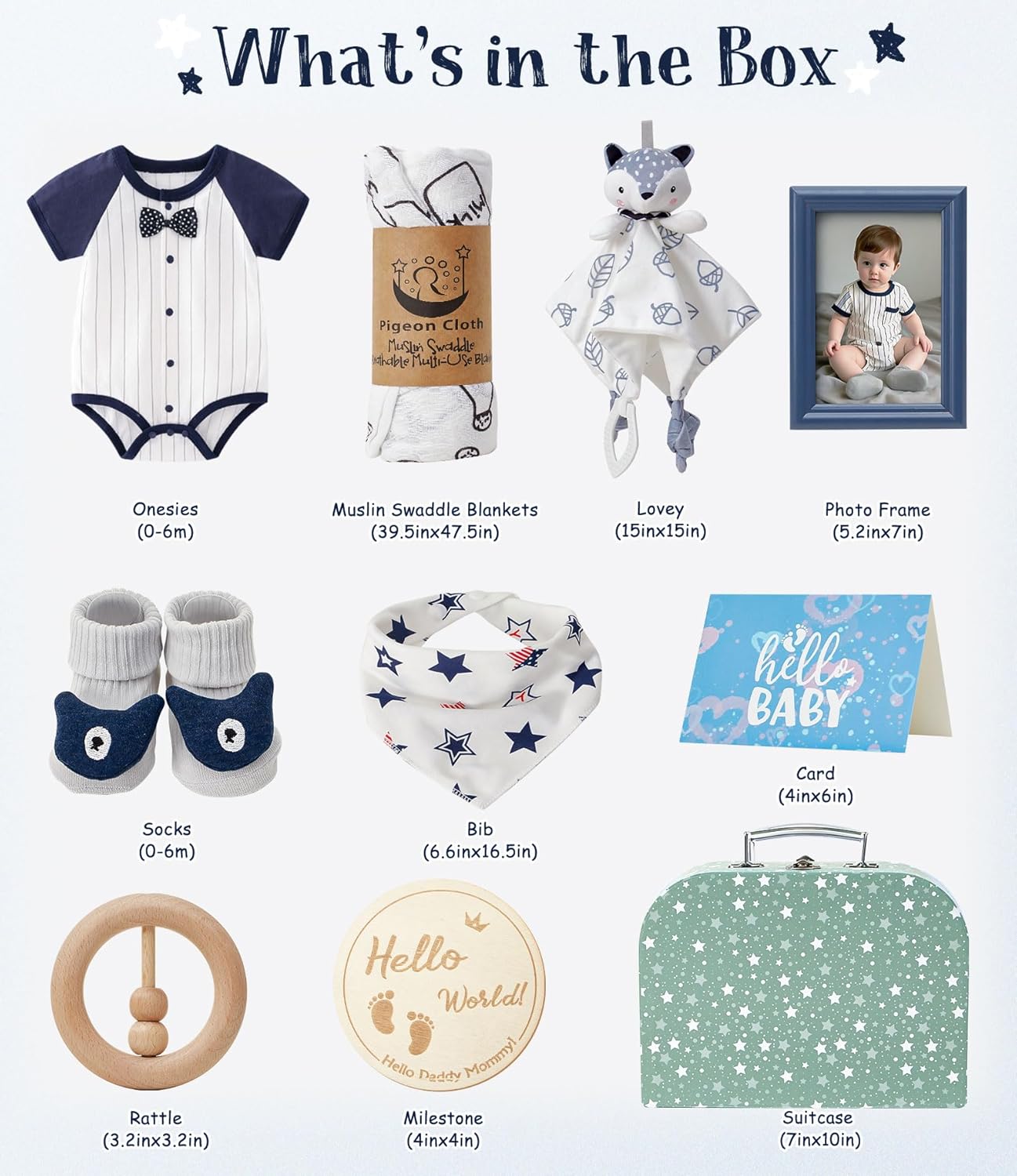 Golray Baby Boy Gifts for Baby Shower, 10pcs Newborn Essential with Fox Lovey/Blanket/Onesie/Wooden Rattle/Socks/Bib/Suitcase, Welcome Baby Gift Box Gender Reveal Infant Boy Gift Basket Set 0-6 Month