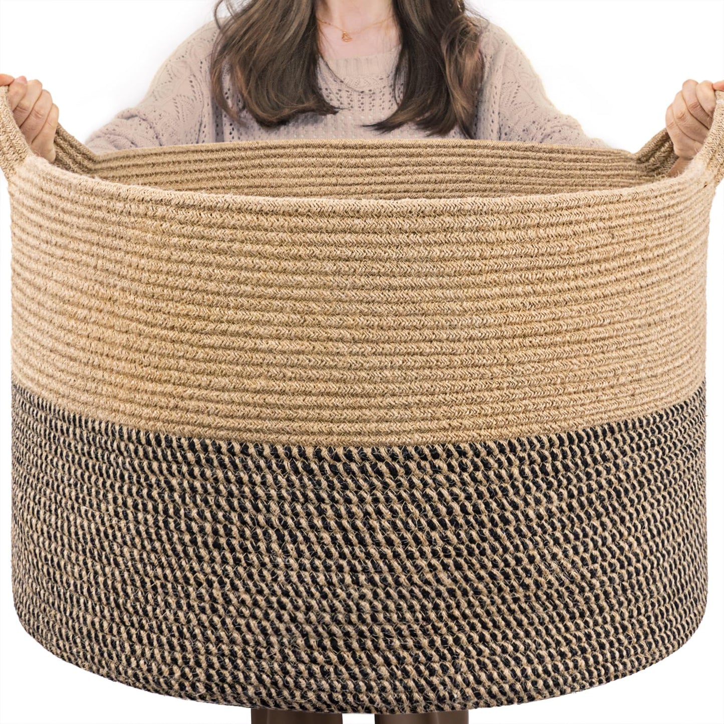 INDRESSME XXXLarge Cotton Rope Basket 21.7" x 21.7" x 13.8" Woven Baby Laundry Blanket Basket Toy Baskets with Handle Storage Comforter Cushions Thread Laundry Hamper