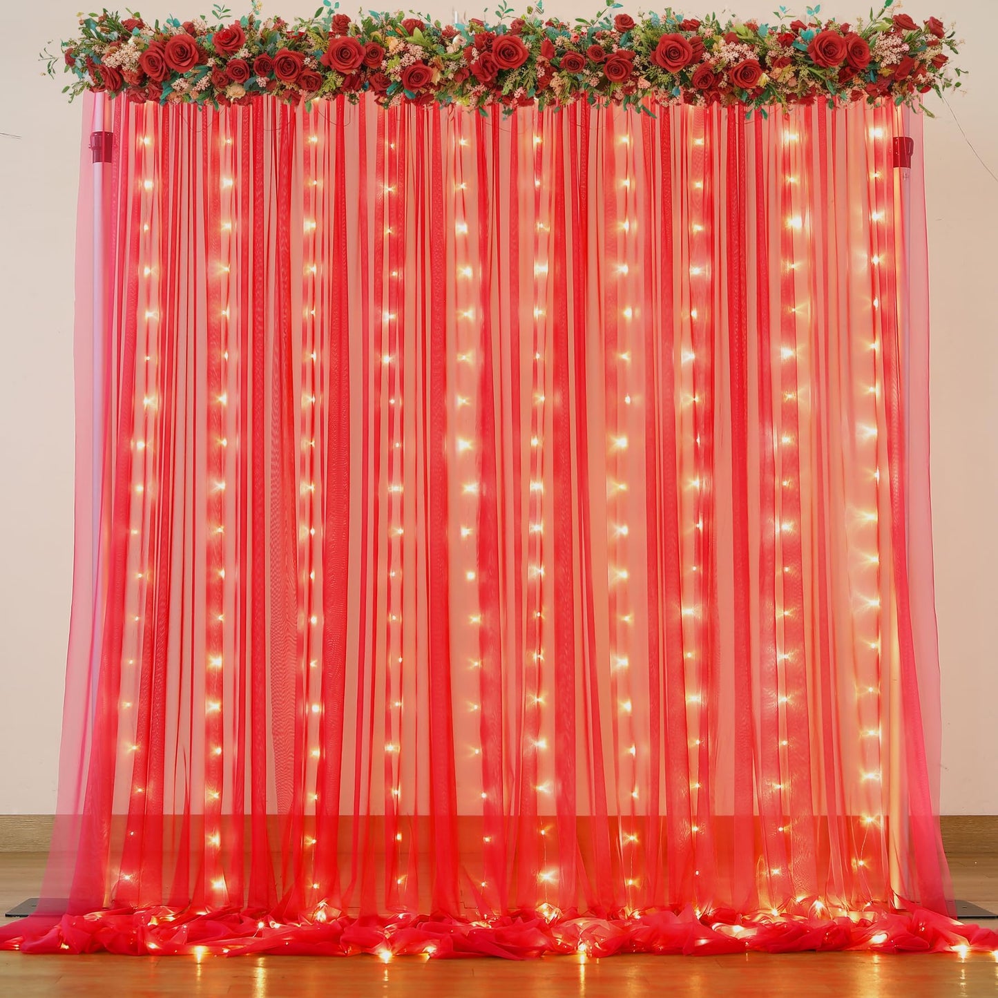 White Tulle Backdrop Curtain with Lights String for Parites 10×8ft Sheer Backdrop Curtains White Curtain Backdrop for Wedding Baby Shower Birthday Party Photo Shoot Decorations(2 Panels 10ft×8ft)