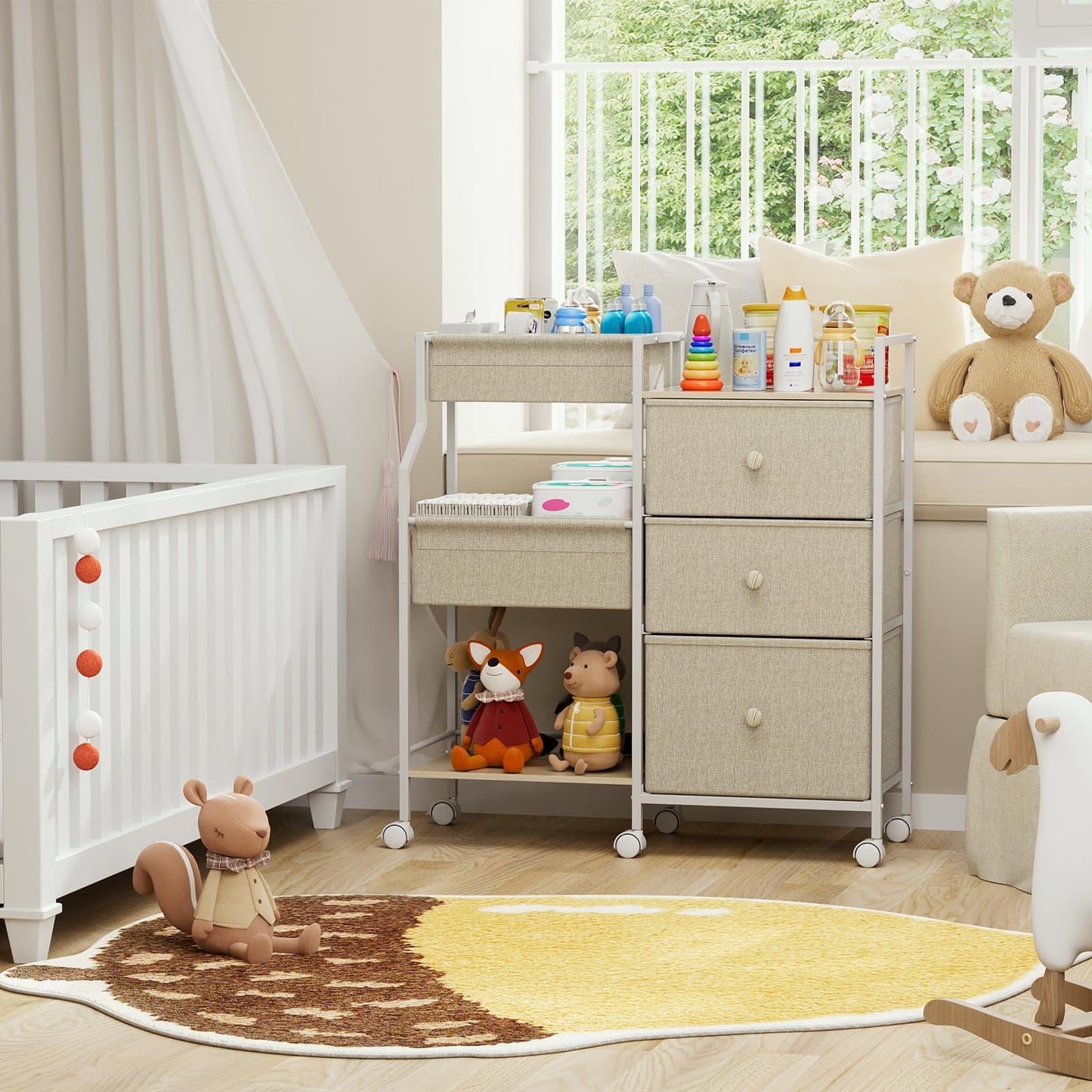Baby Diaper Caddy Organizer and Storage - 3 Tier Rolling Cart with Dividers and Drawers, Easy To Assemble, Mobile Utility Cart with Wheels for Nursery, Bedroom, Changing Table & Crib